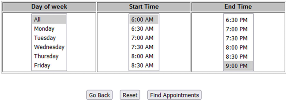 Dropdowns for day, start, and end time, followed by three action buttons: Go Back, Reset selections, and Find Appointments.