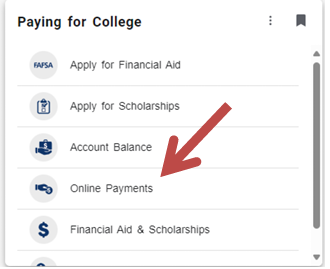 Paying for College menu with options Apply for Financial Aid, Apply for Scholarships, Account Balance, Online Payments, and Financial Aid & Scholarships. A red arrow points to Online Payments.