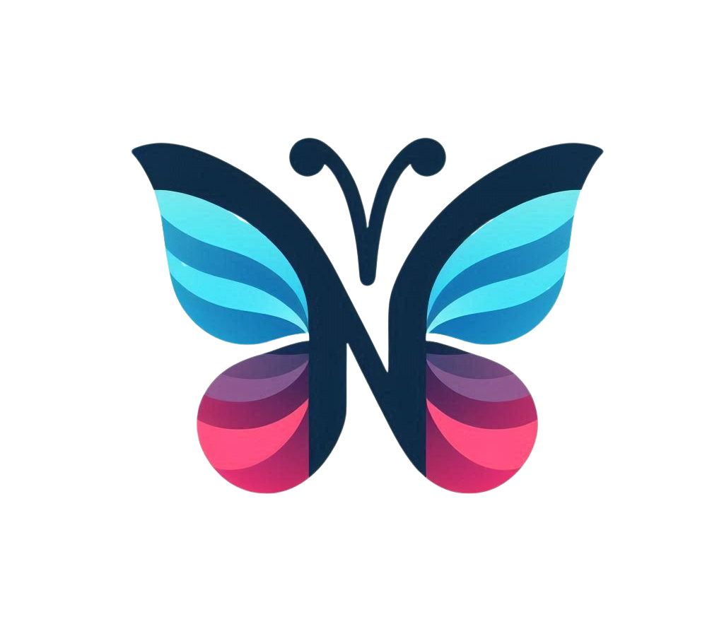 Wings of Noah Logo Blue and pink butterfly with a N as the butterfly body