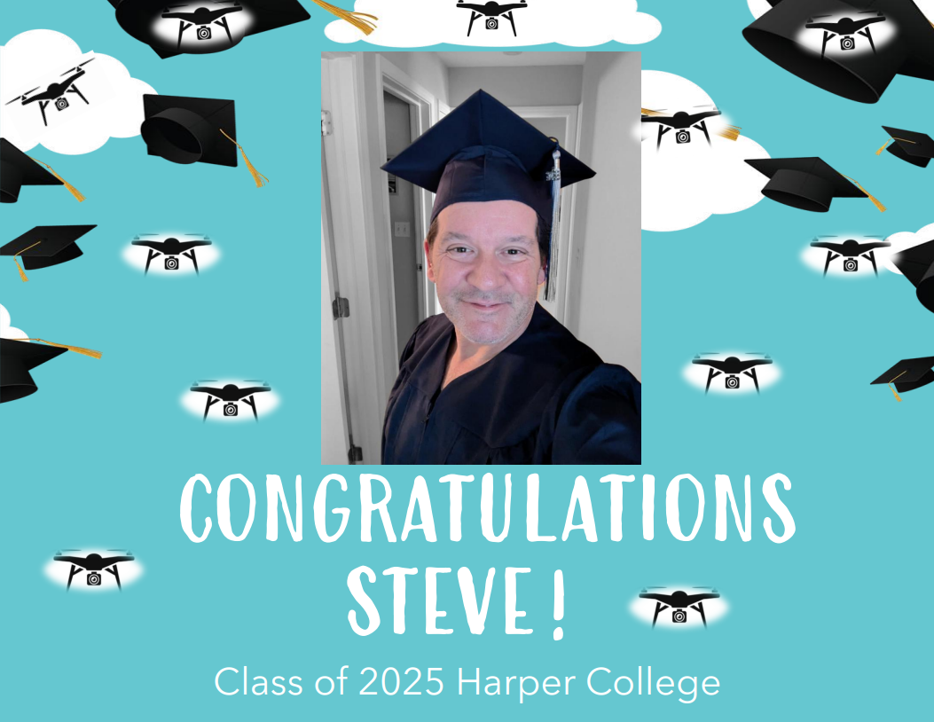 Steve in grad apparel framed by drone illustrations