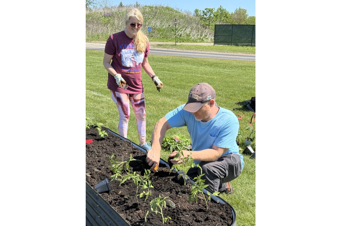 Two Harper Grows gardeners planting new seedlings