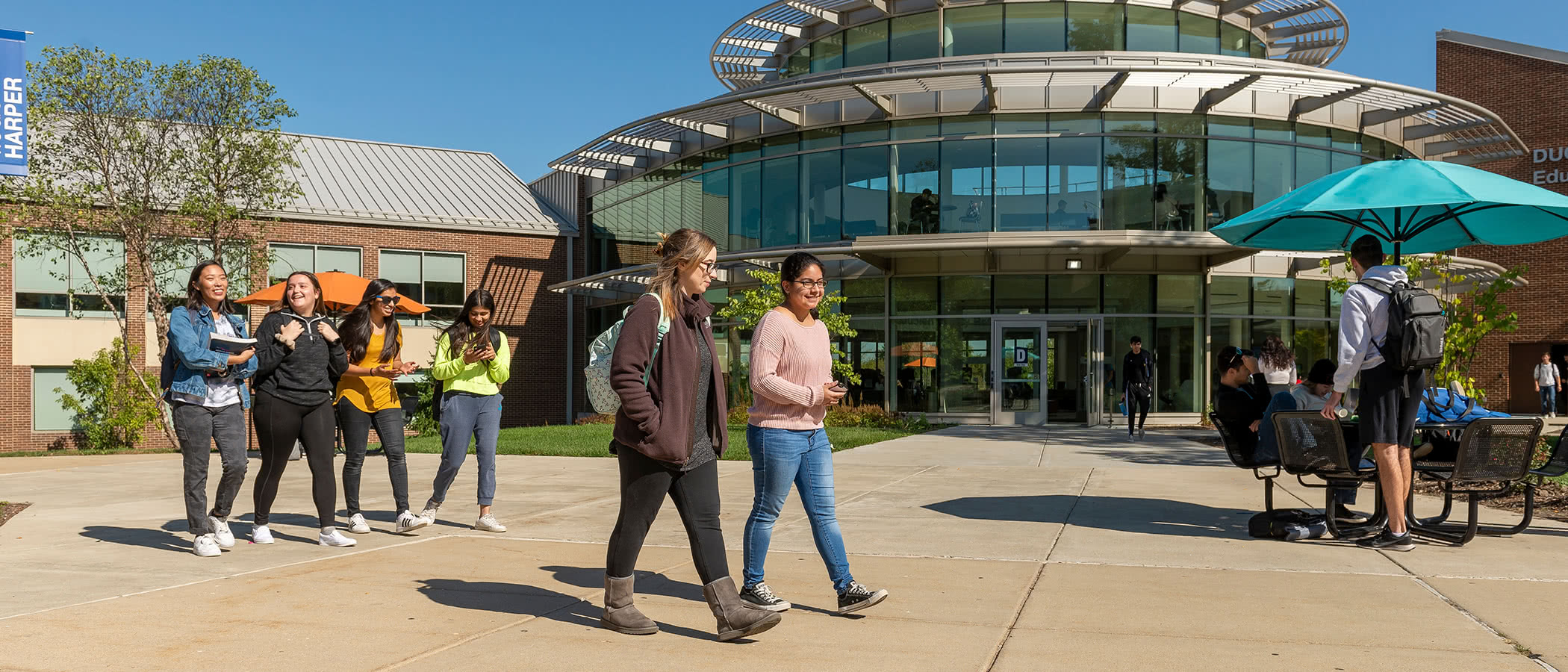 Students walking in front of Buildig D