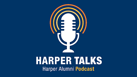 Harper Talks Logo which is a microphone and the words "Harper Talks Harper Alumni Podcast"