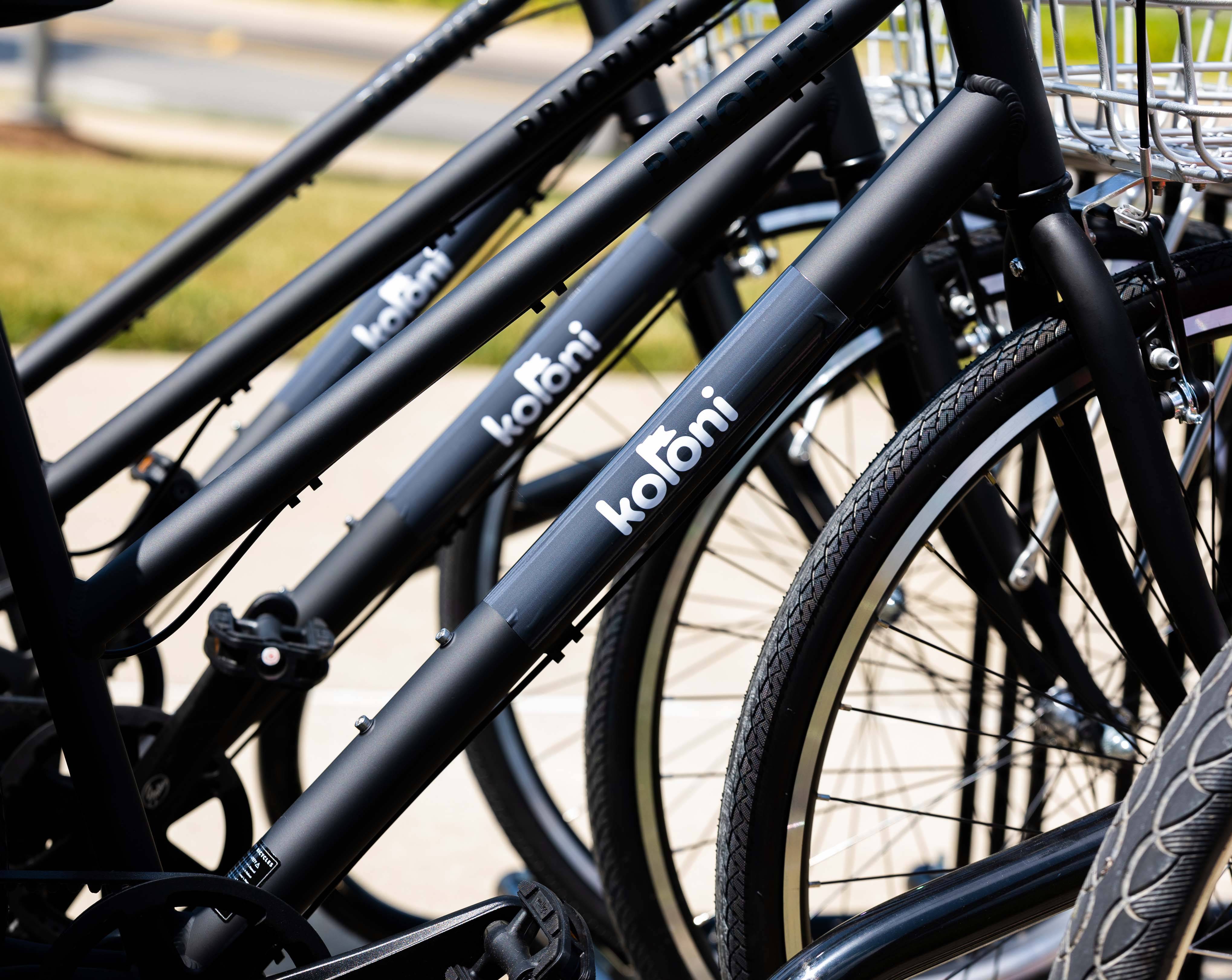 Black bikes lined up next to one another