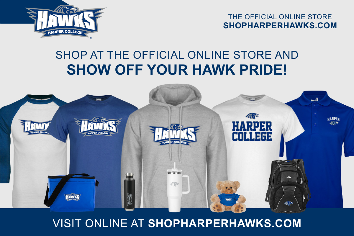 Harper Hawks branded shirts and sweatshirts, bags, water bottles and a teddy bear.