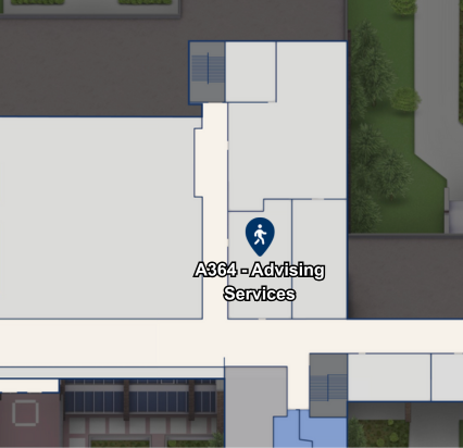 Map showing the Advising Services Office in Building A, Room A364 on the Harper College campus.