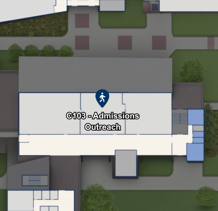 Map showing the Admissions Outreach office in Building C, Room C103 on the Harper College campus.