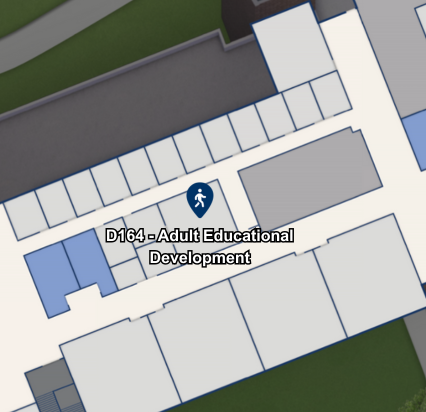 Map showing the Adult Educational Development Office in Building D, Room D164 on the Harper College campus.