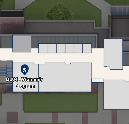 Map showing the Womens Program Office in Building D, Room D204 on the Harper College campus.