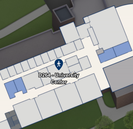 Map showing the University Center located in Building D, room D264 on Harper College's camous.