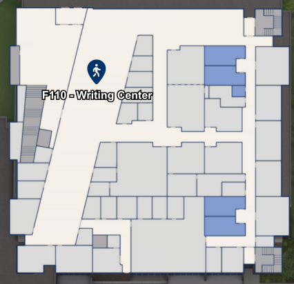 Map showing the Writing Center in F110.
