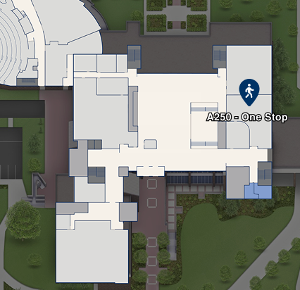Map showing the One Stop Office in Building A, Room A250 on the Harper College campus.