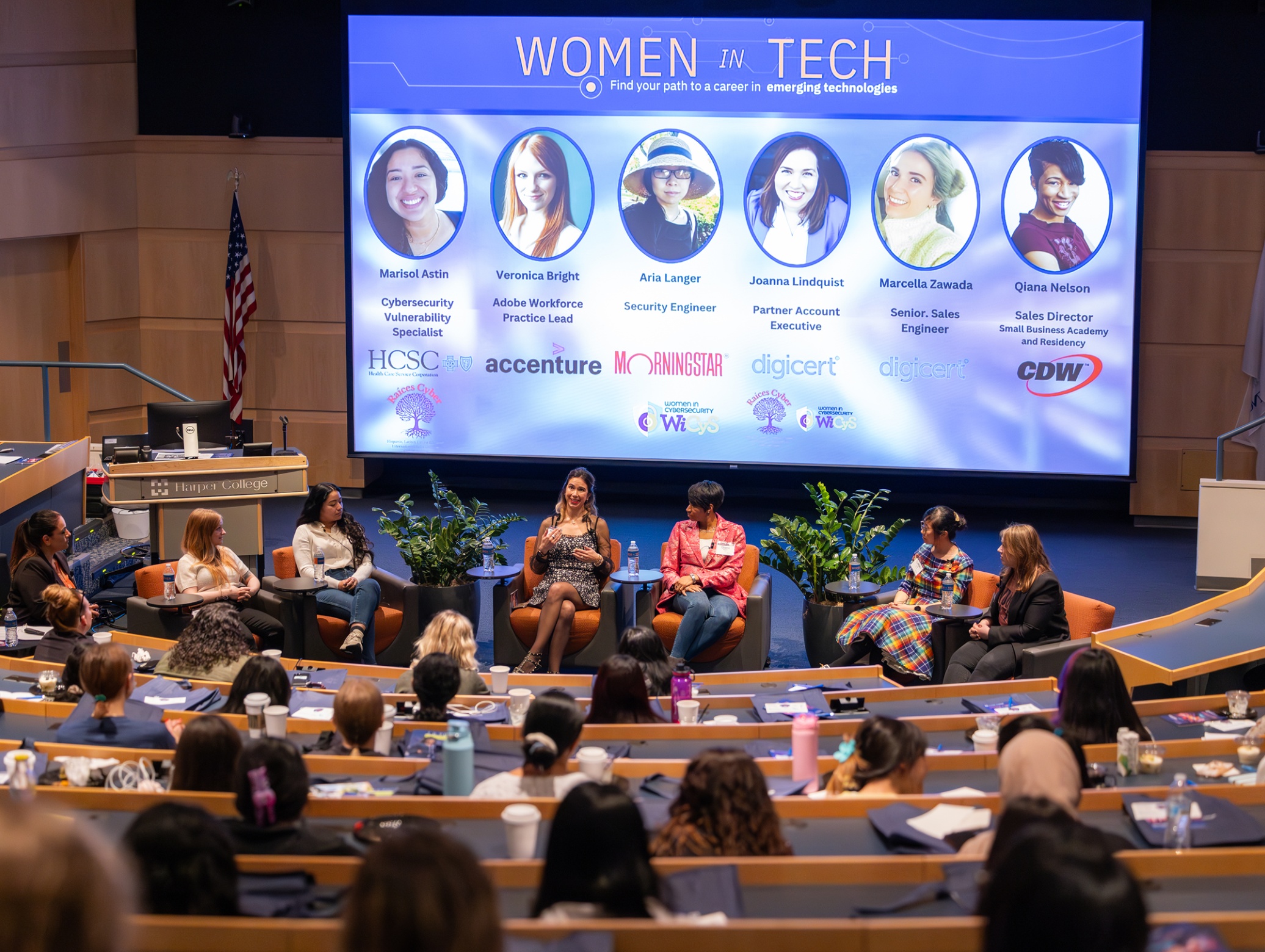 A group of Innovation Accelerator members gather in the Wojcik ampitheatre at Harper College for a presentation on Women in Tech