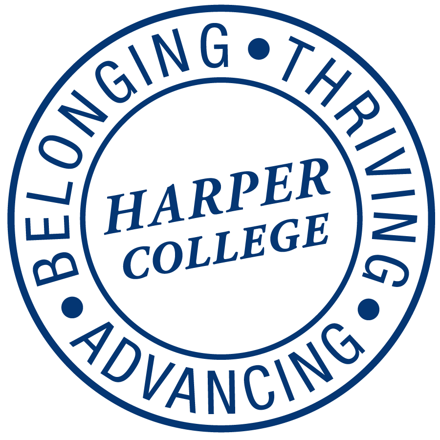 Harper College's logo representing the college's strategic plan, focusing on Belonging, Thriving, and Advancing