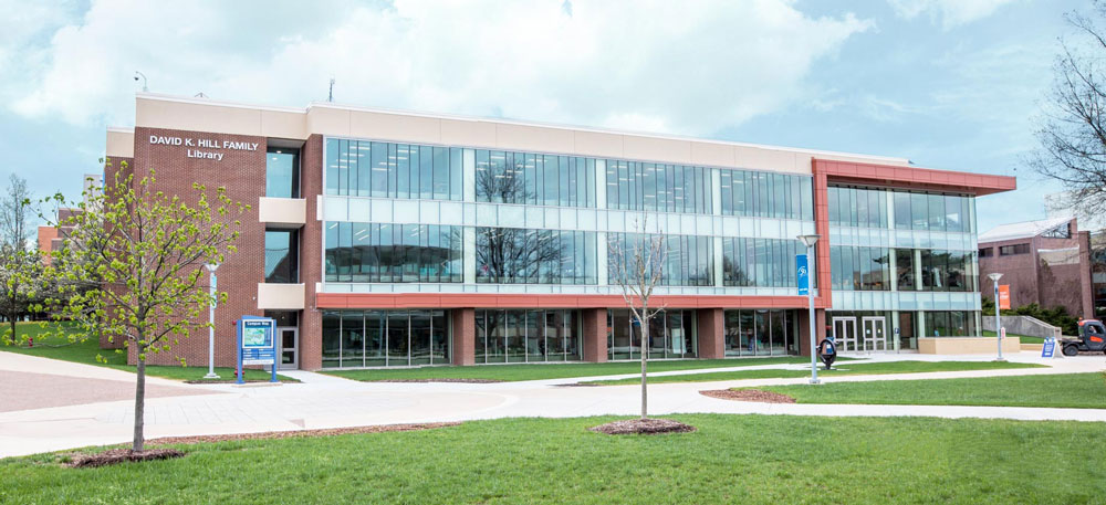 Harper College Library, F Building, from the outside on a sunny day