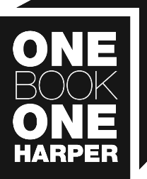 One Book One Harper logo, black book with white writting "One Book One Harper"
