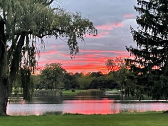 A picture of a sunset over a pond. 