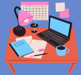 cartoon image of a desk with desk supplies