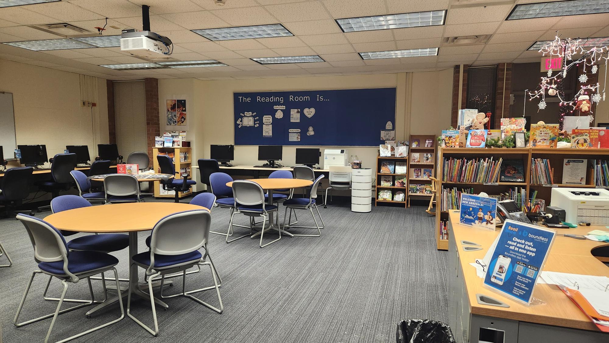 LCC Reading Room tables and bookshelves