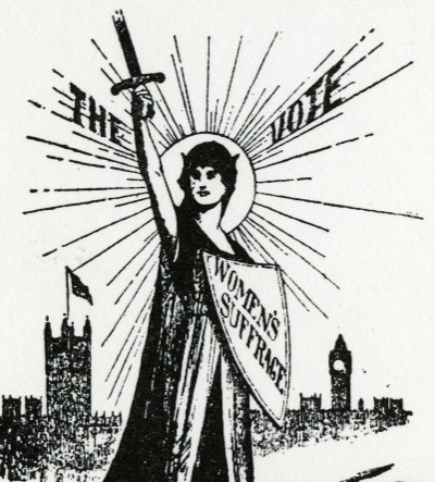 Black and white drawing of woman with sword and shield and phrase beneath says "Then put your shields before your hearts and fight with hearts more proof than shields."