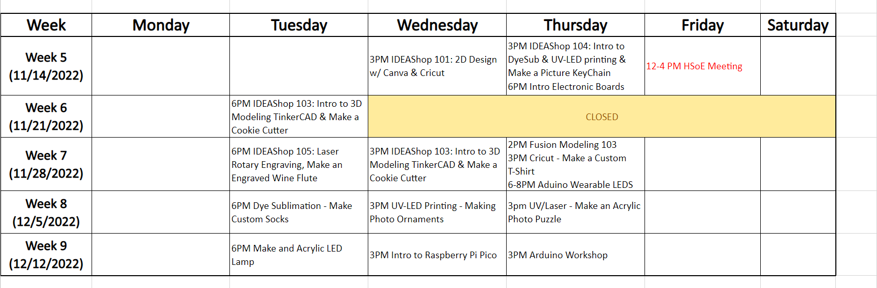 Class schedule - Late Fall 2022