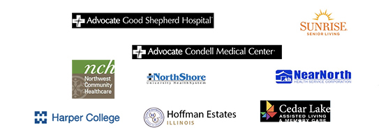 Logos of Advocate Good Shepherd Hospital, Advocate Condell Medical Center, Northwest Community Healthcare, North Shore University Medical Center, Harper College, Sunrise, Cedar Lake Assisted Living, Near North Health, City of Hoffman Estates