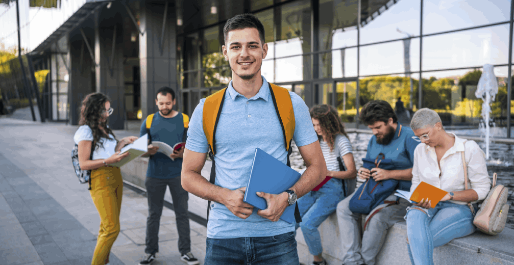 Adult college students gathered together before class.