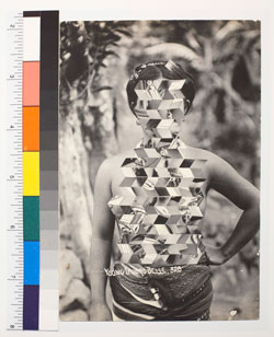 photocollage of a girl with parallelograms, a color chart, and a ruler