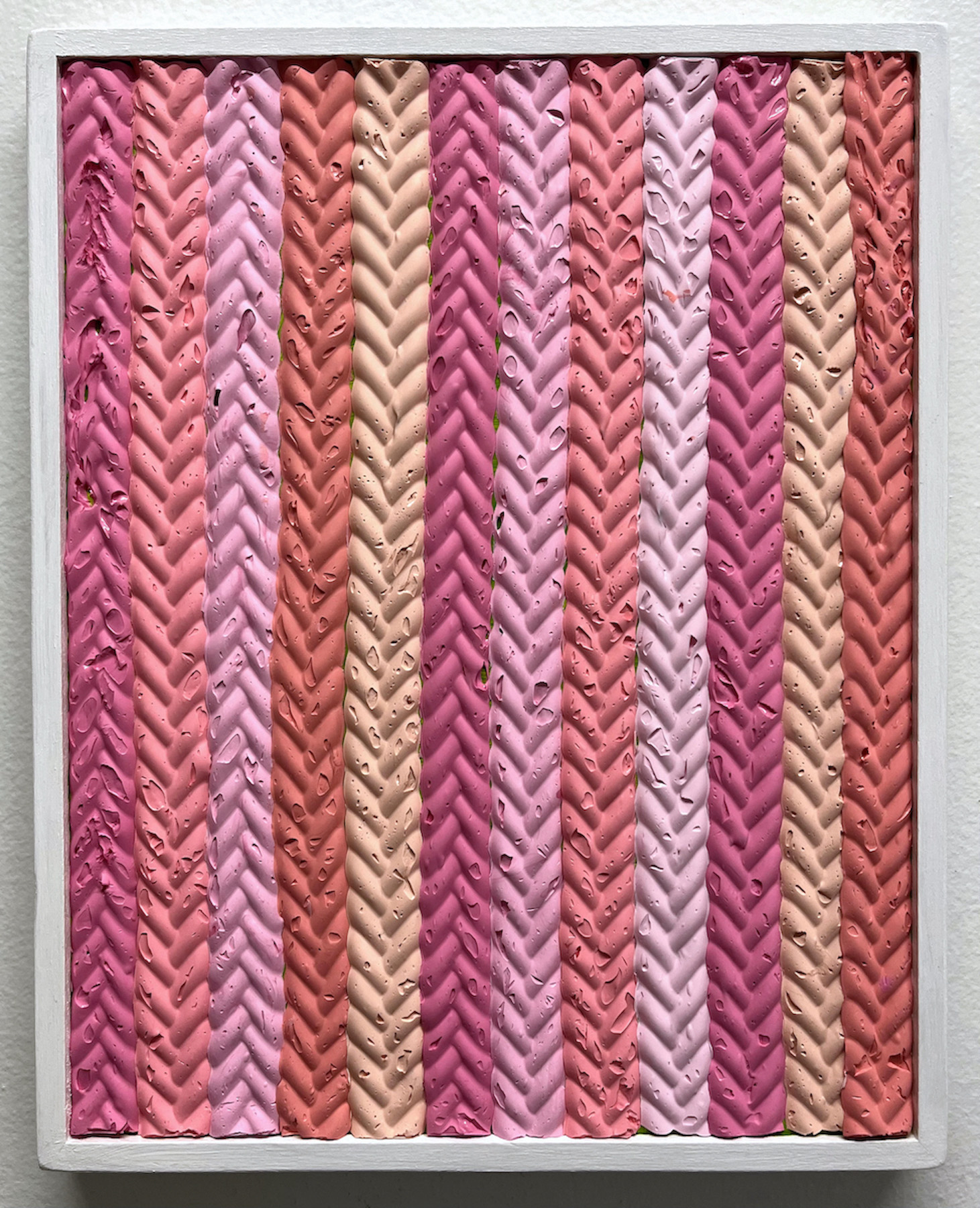 acrylic painting in pinks and browns of a close up of knitted fabric