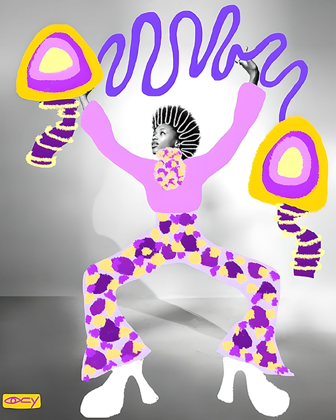 abstract piece of an altered photo of a person with arms  and legs out wide, with accentuated clothing drawn on top
