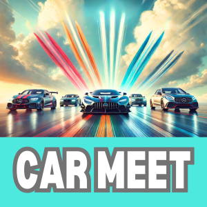 Car Meet clickable icon with imang of race cars and contrails