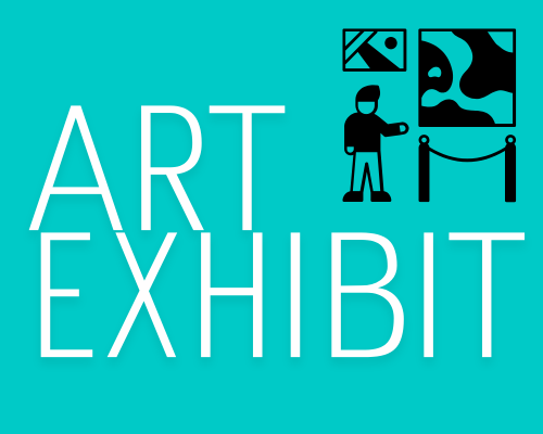 Art Exhibit text with graphic of standing person observing gallary installation