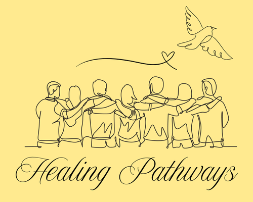 Healing Pathways text with sytlized line drawing of line of people embracing with line heard and dove in flight above people