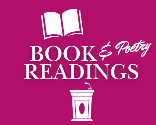 Book and Poetry Readings text with graphics of a book and podium