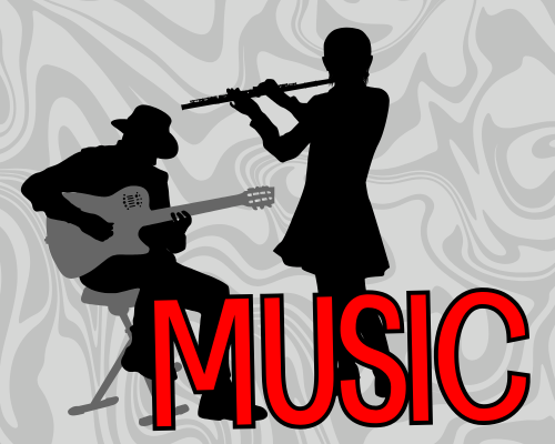 Music text with seated hat wearing guitar player and standing flautist in background