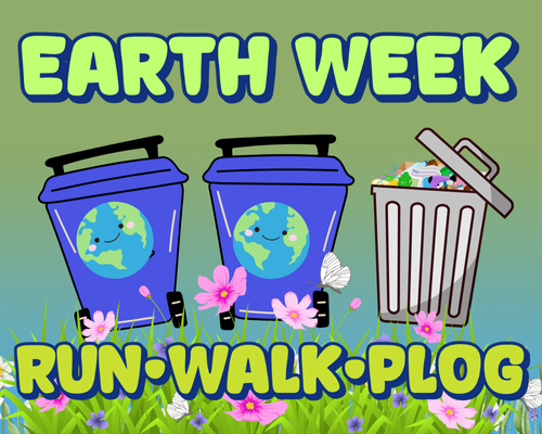 Run Walk Plog text with graphic images of two recycling bins and one trash can