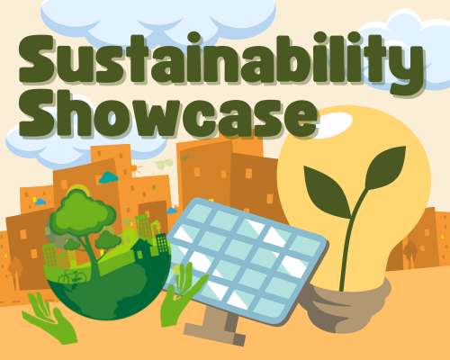 Sustainability Showcase text with graphics of solar panel, light bulb, city scape and park scene