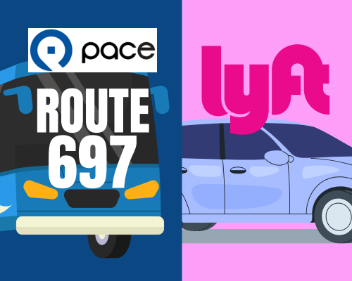 Pace and Lyft text with spllit graphic with bus on left side and SUV on right side