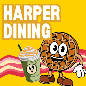 Harper Dining clickable icon with graphics of happy cartoon waffle and hot mactha characters