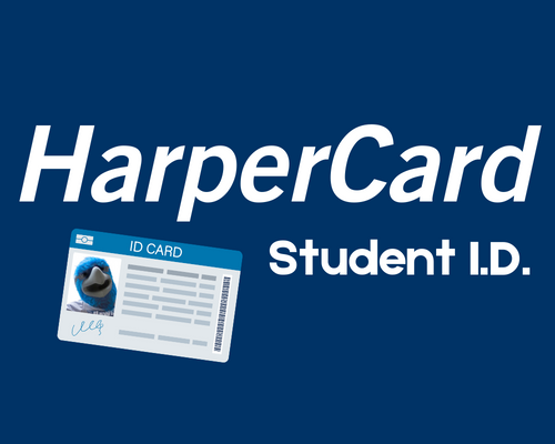 HarperCard Student I.D. text with image of I.D. with photo of Harper Hawk mascot