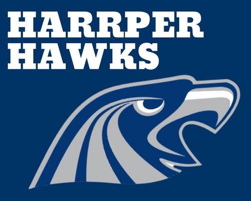 Harper Hawks text with image of Harper Hawks athletic logo which is a graphic of hawk head