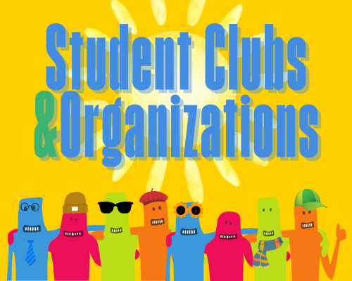 Clubs and Organizations text with graphic stylized hot dog shaped smiling people characters with arms intertwined