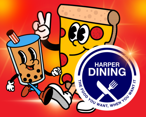 Harper Dining text with cartoon character graphics of smiling and waving boba and pizza