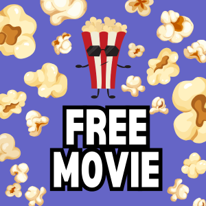 "Outdoor Movie" text with graphic of a cartoon popcorn box wearing sunglasses and surrounded by popped poporn kernels