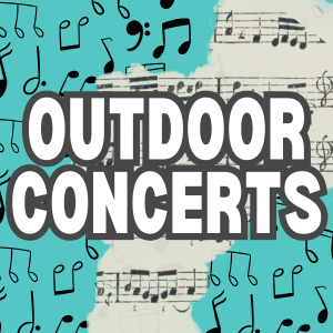 Graphic of "Outdoor Concerts" text with sheet music in background