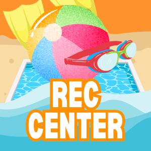 "Rec Center" text with graphics of swimming pool, swim fins, and swim goggles