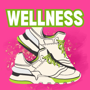 "Wellness" text with graphic of a pair of tennis shoes with one shoe slightly lifted