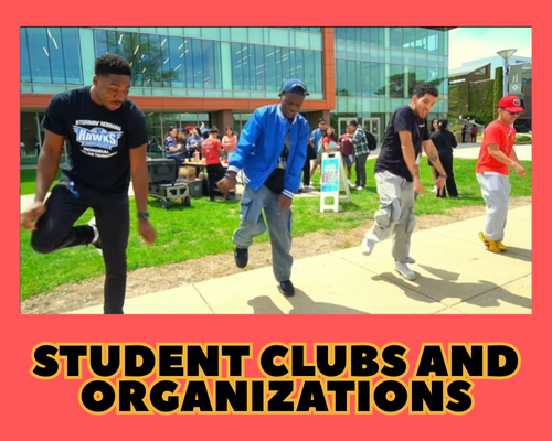Photo of four Harper students dancing in the quad