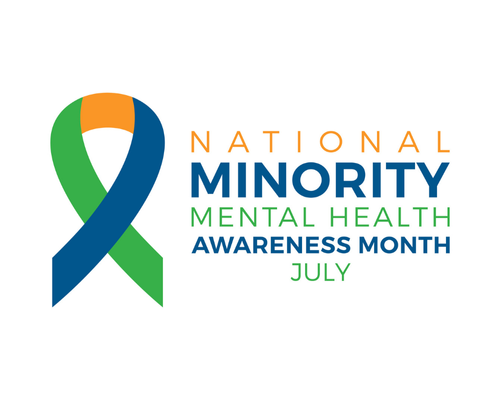 Recognition ribbon with "National Minority Mental Health Awareness Month" text