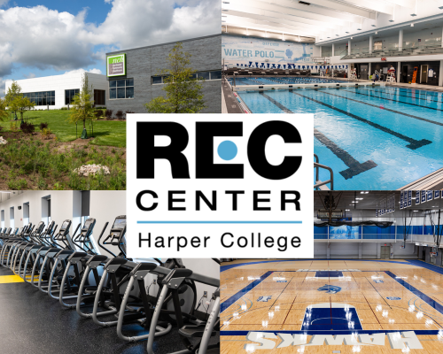 Photos of the Rec Center at Harper College including building outdoors, swimming pool, basketball court, and wall of eliptical machines